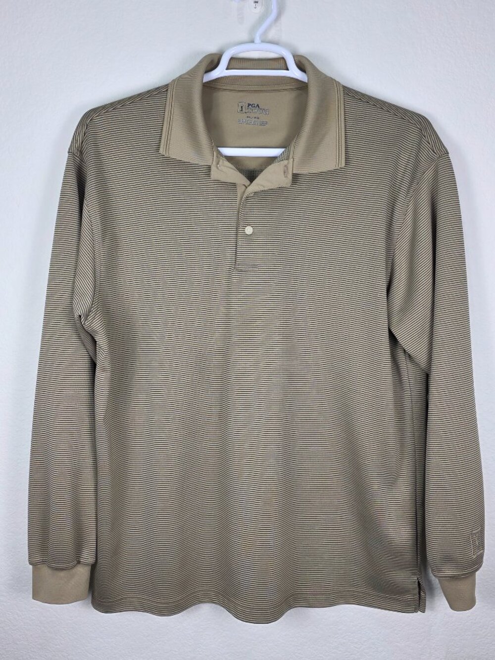 PGA TOUR Men's Long Sleeve Golf Polo Shirt Striped Tan Brown Size XL